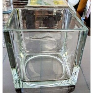 Clear Glass Square Cube Vase 4.75" Heavy Thick Floral Planter Candle Holder.